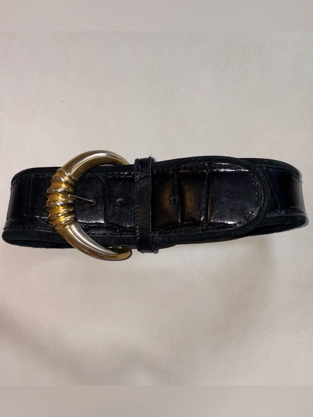 Express Black Leather Belt with Curved Gold Buckle